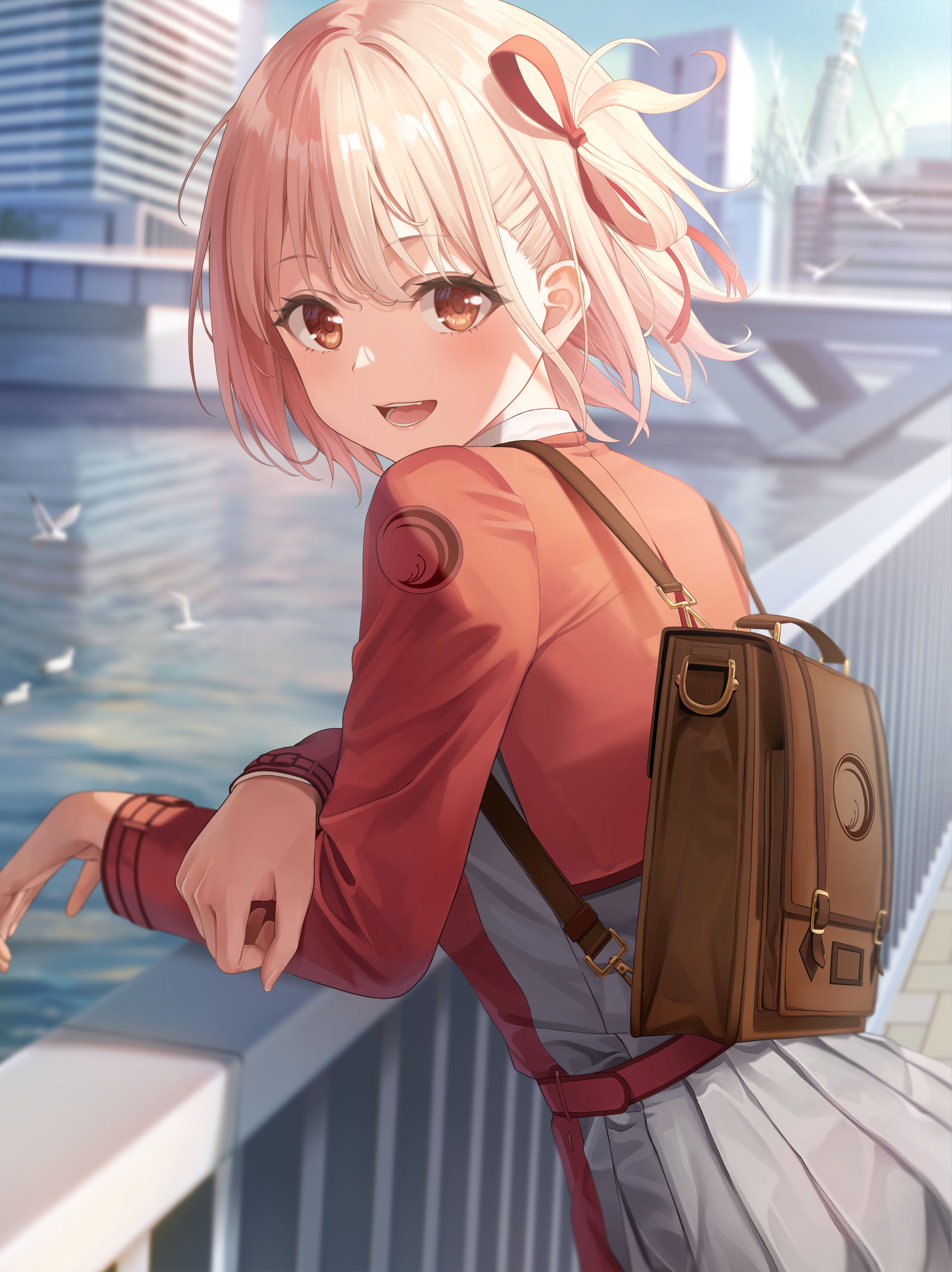 4135x5528 short hair, blonde, solo, anime, anime girls, Lycoris Recoil, Nishikigi Chisato, artwork, digital art, fan art, backpacksx5528 Wallpaper
