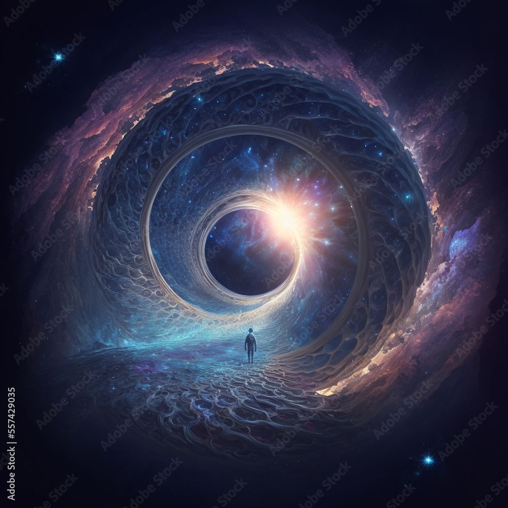 1000x1000 Ai generated art of space, galaxy, other dimension, surrealism, astral world, ethereal world, good for cover art, wallpaper HD Stock Illustration
