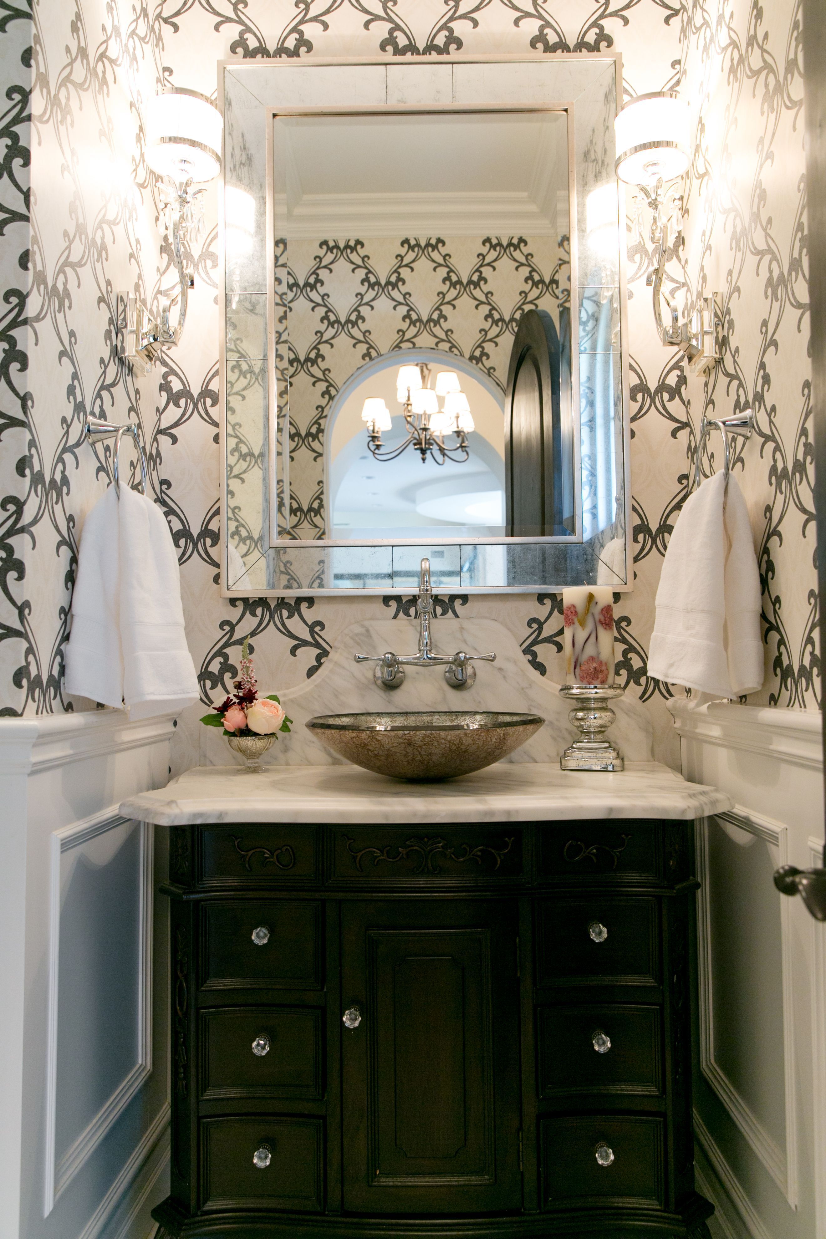2640x3960 Glamorous and romantic powder room black and white wallpaper, vanity, silver vessel sink. Glam powder room ideas, Powder room wallpaper, Powder room