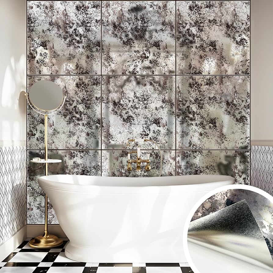 894x894 LiveInUrban Vintage Foxed Silver Antique Mirror Style Wallpaper, Grunge Peel and Stick Contact Paper for Wall Furniture Vanity Dresser Home Decor, 46.06x92.13