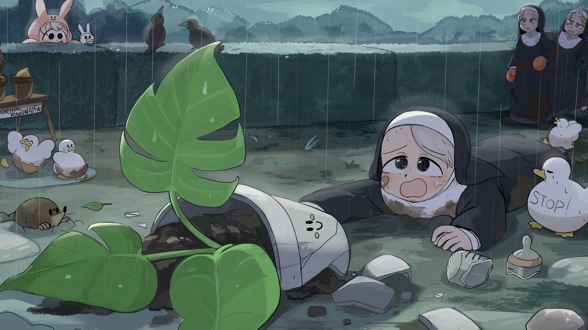 2048x1152 strict nun, smug nun, bunny nun, and leaf nun (little nuns) drawn by diva_(hyxpk)