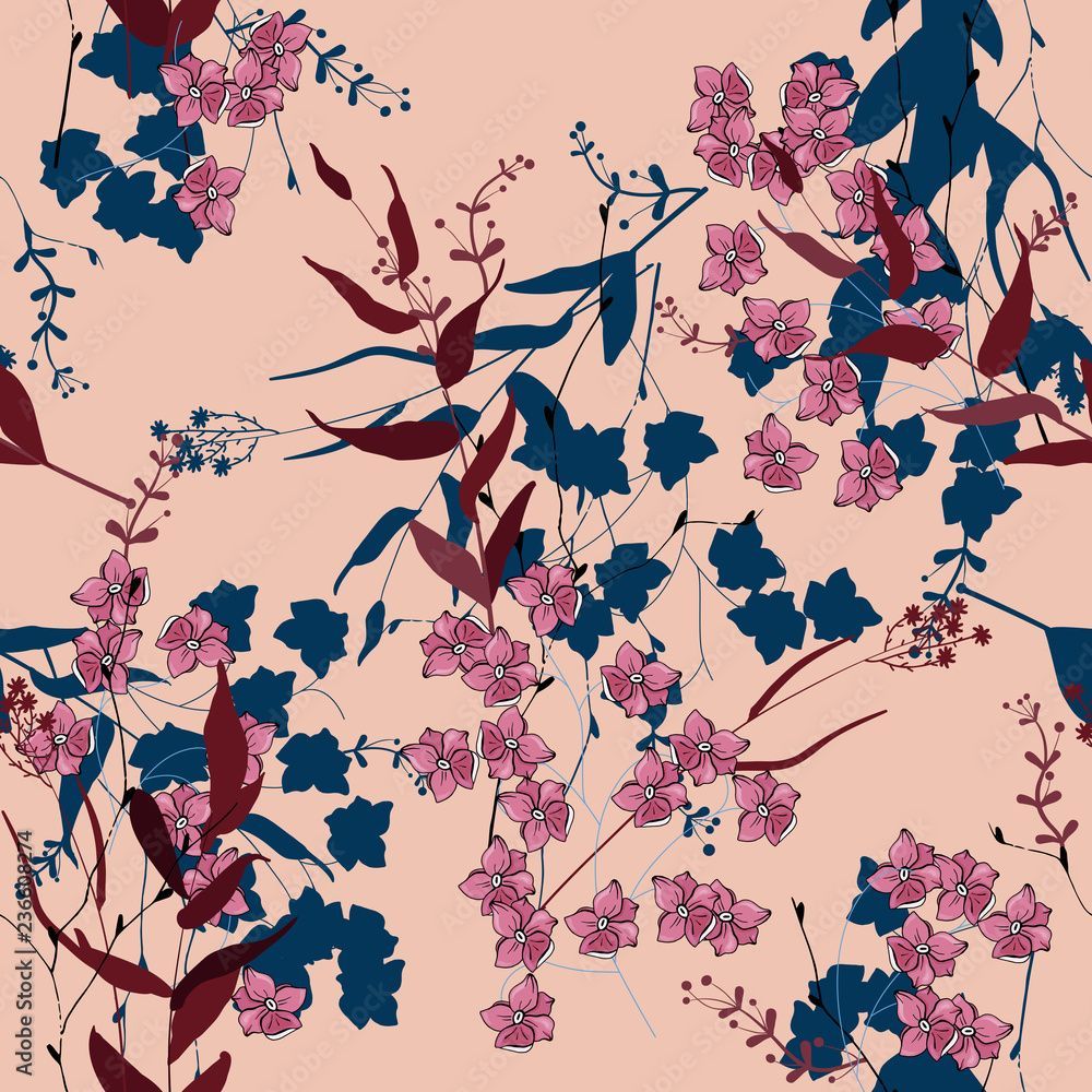 1000x1000 Realistic isolated seamless flower pattern. Vintage set. Wallpaper. Hand drawn. Vector illustration. Abstract flower drawing. Stock Vector