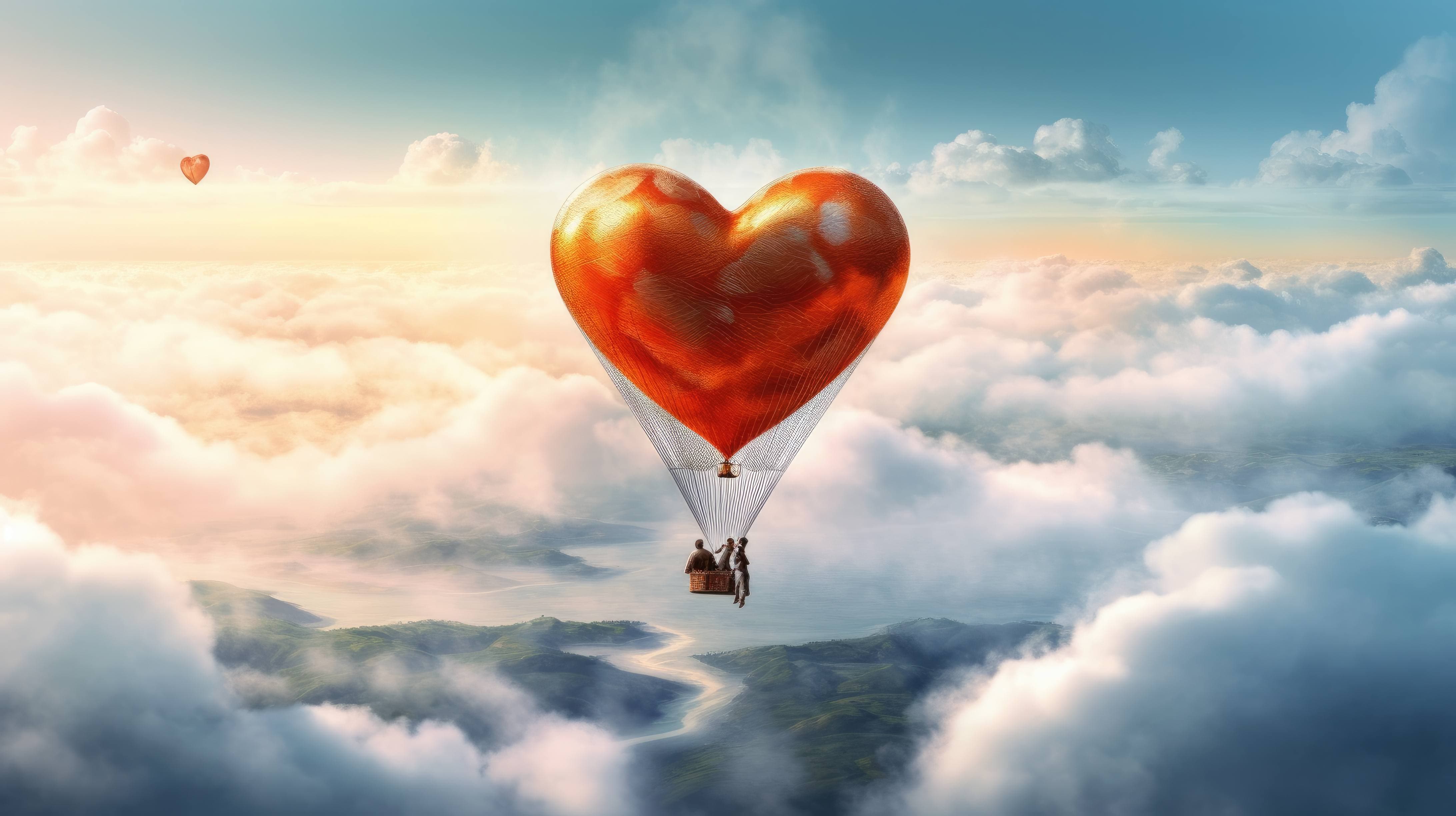 4368x2448 A 4K Ultra HD Wallpaper Of A Heart Shaped Hot Air Balloon Floating In The Clouds, With A Couple Sitting In The Basket And Admiring The Breathtaking View From Above