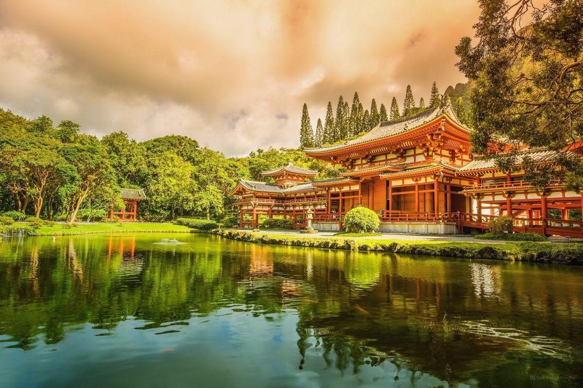 1200x800 Asian wooden architecture lake tree green garden landscape 015