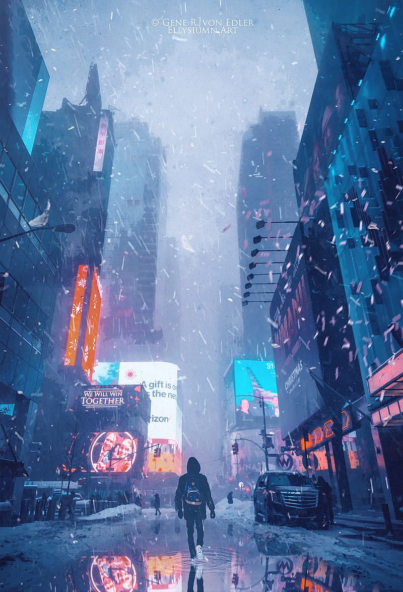800x1175 Winter Night, building, city, man, neon, new york, night, snow, street, winter, HD phone wallpaper