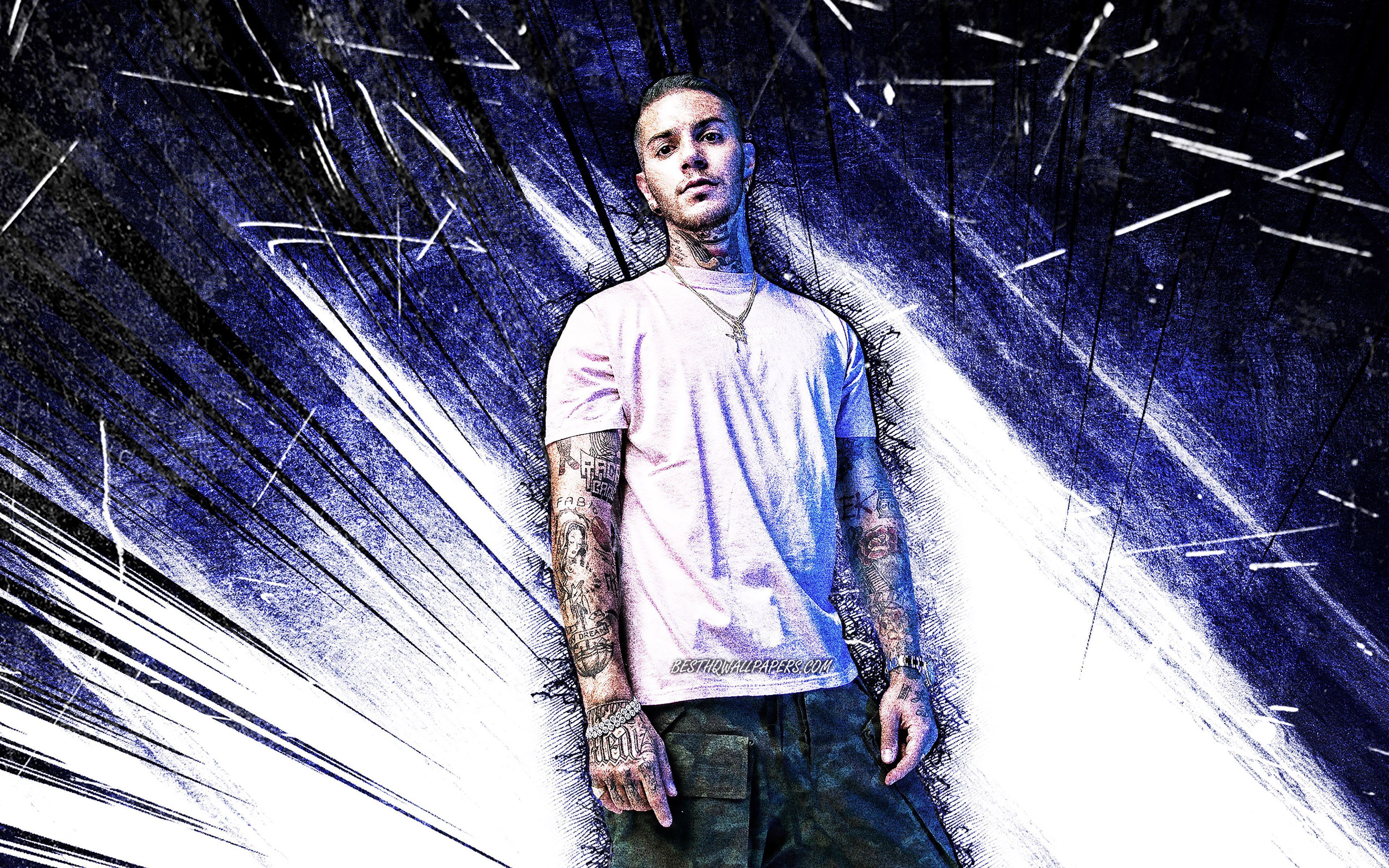 3840x2400 Download wallpaper 4k, Tedua, grunge art, italian rapper, music stars, Mario Molinari, violet abstract rays, italian celebrity, Tedua 4K for desktop with resolution 3840x2400. High Quality HD picture wallpaper
