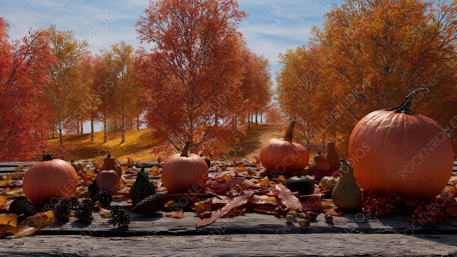 1500x844 Thanksgiving Wallpaper with Fall leaves, Gourds and Acorns on a Natura