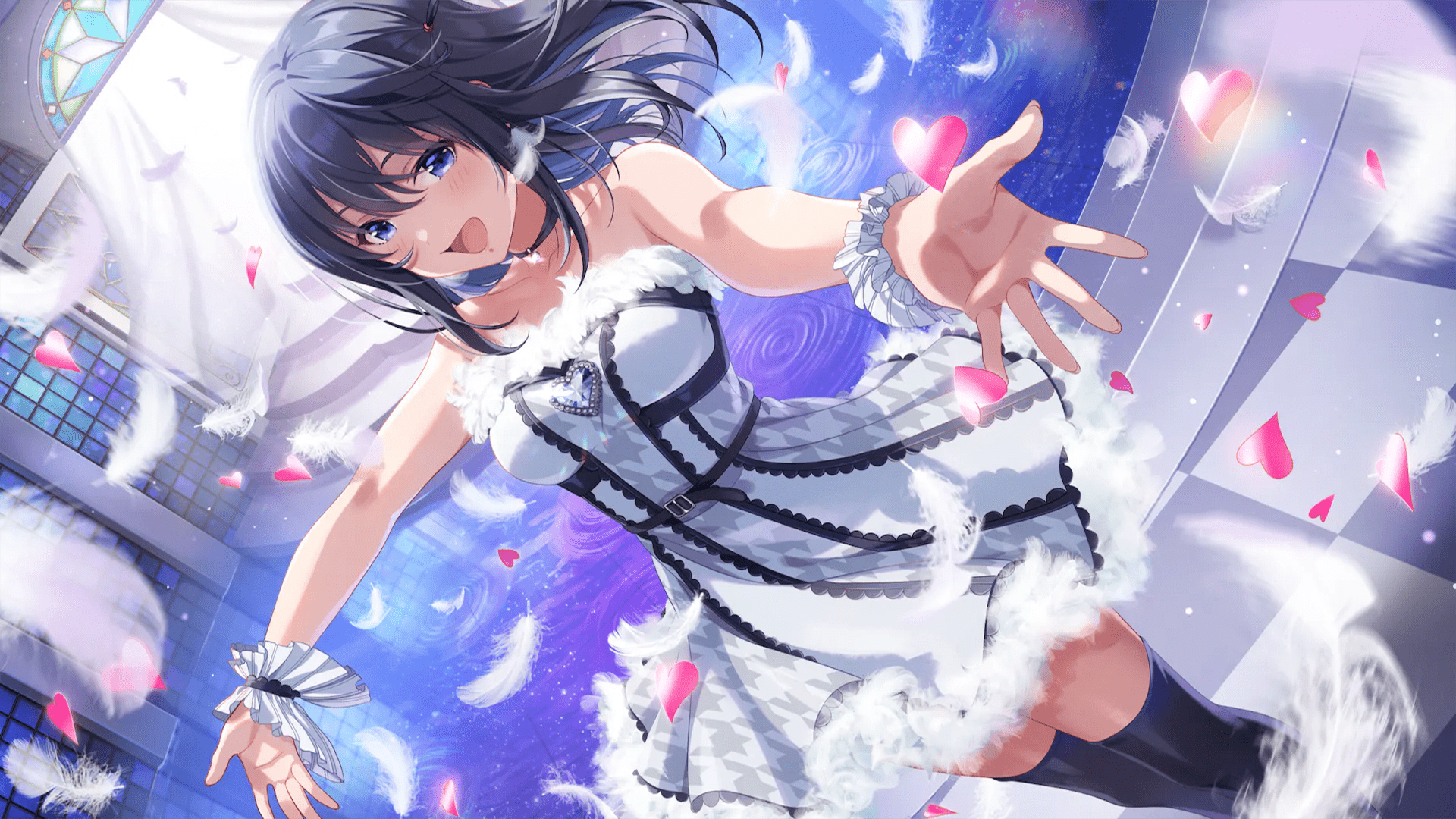 1920x1080 Nagase Mana, Idoly Pride, Highres, Official Art, Tagme, 1girl, :d, Bare Shoulders, Black Choker, Black Hair, Blue Eyes, Blush, Choker, Dress, Feathers, Heart, Idol, Off Shoulder Dress, Off Shoulder, Open Mouth, Sleeveless, Smile