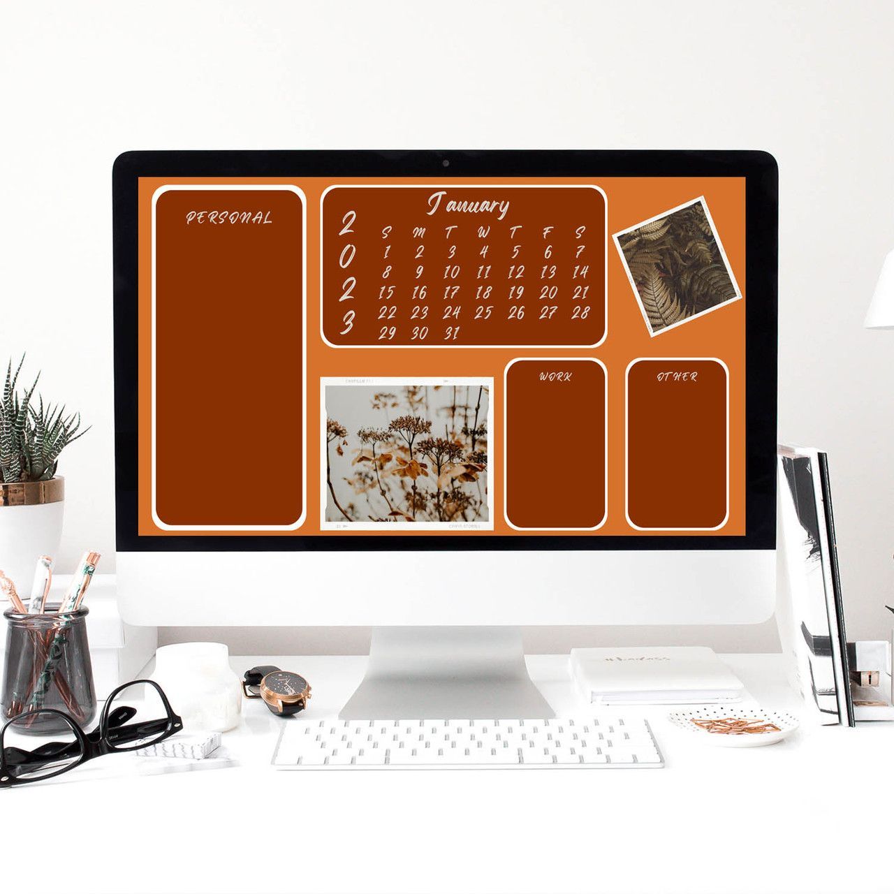 1280x1280 Pastele Simple Natural Calendar 2023 Custom Desktop Organizer Wallpaper Editable in Canva for Mac Windows Macbook