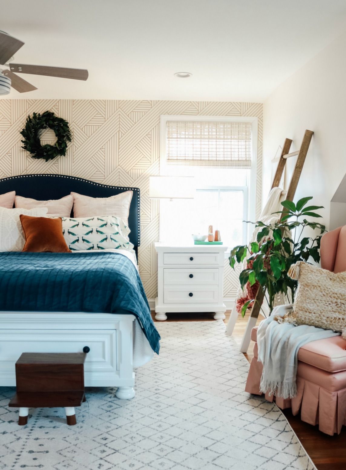 1143x1554 Bedroom Makeover- Dark Furniture to Bright White with Wallpaper Accent Wall With Grace