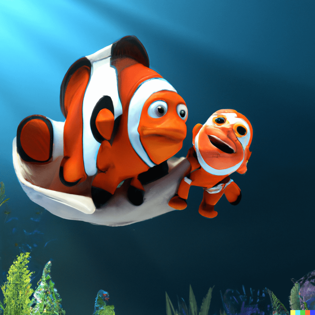1024x1024 3D animation of the clown fish from finding nemo happily finding his mother alive, disney