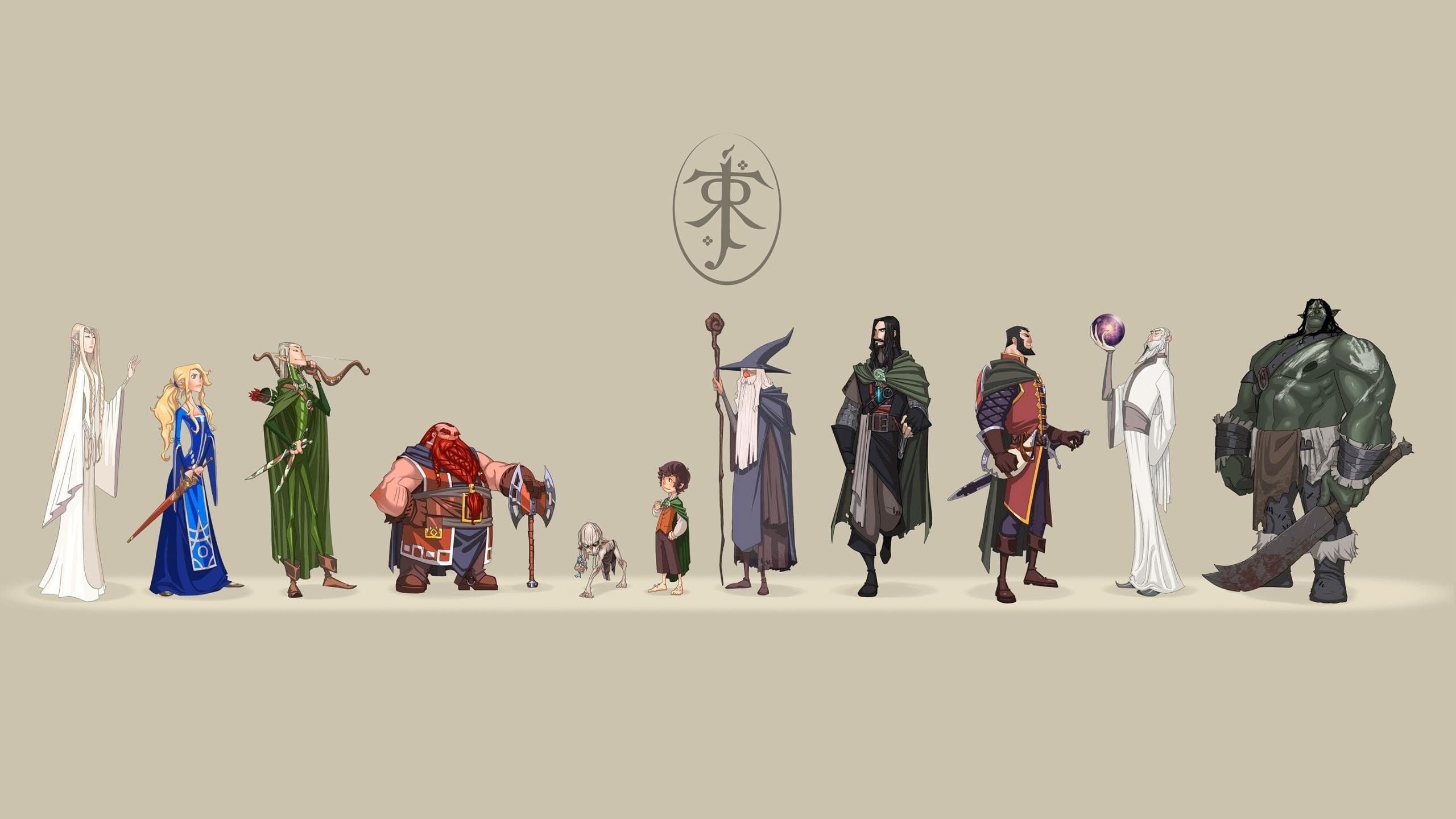 2560x1440 Gandalf, Gollum, Gimli, Aragorn, Saruman, Legolas, Boromir, Galadriel, Uruk Hai, Fantasy Girl, Fantasy Men, The Lord Of The Rings, Artwork, Line Up, Fantasy Art, Simple Background, Dwarfx1440 Wallpaper