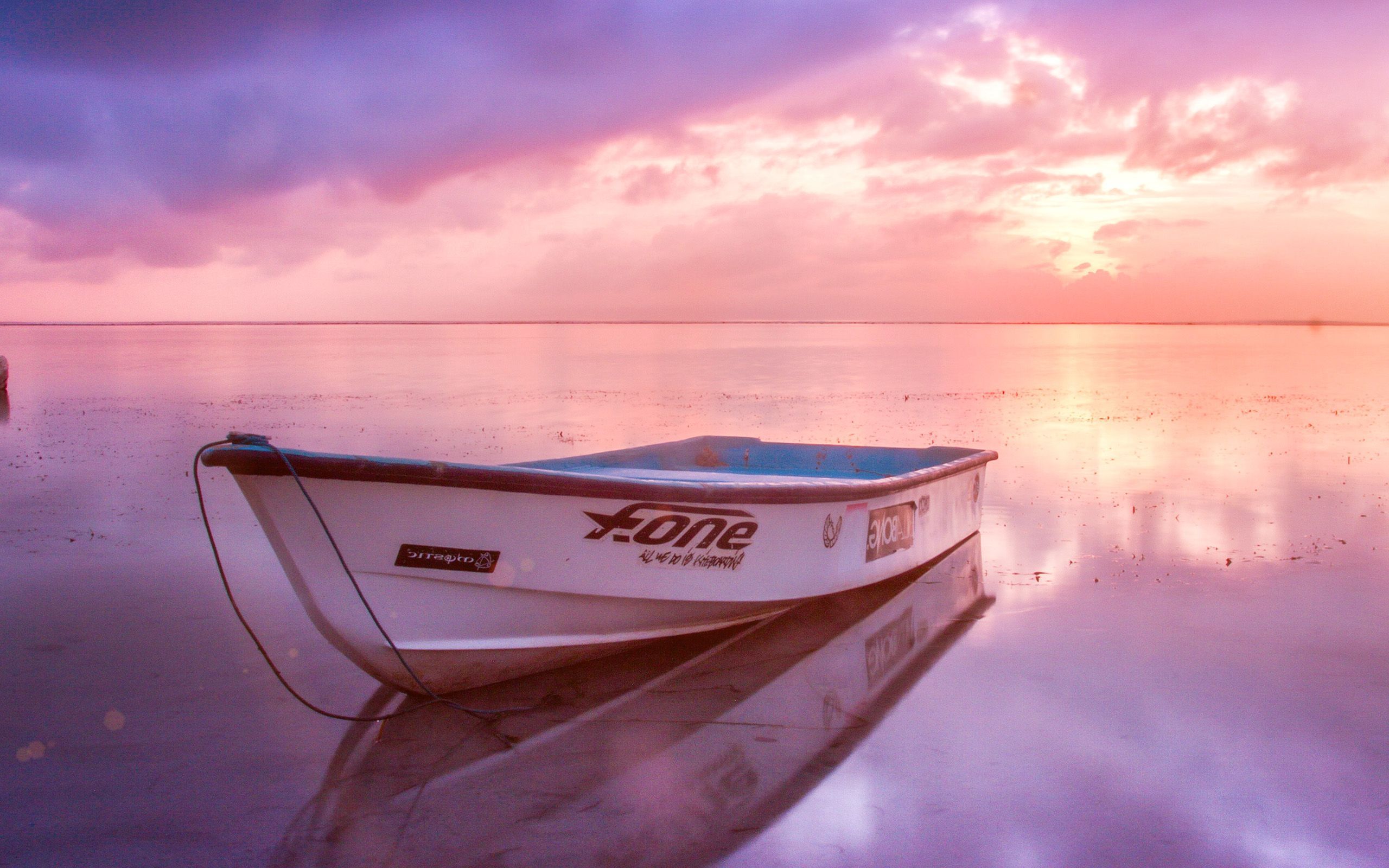 2560x1600 wallpaper for desktop, laptop. nature sea beach boat alone sunset blue pink flare