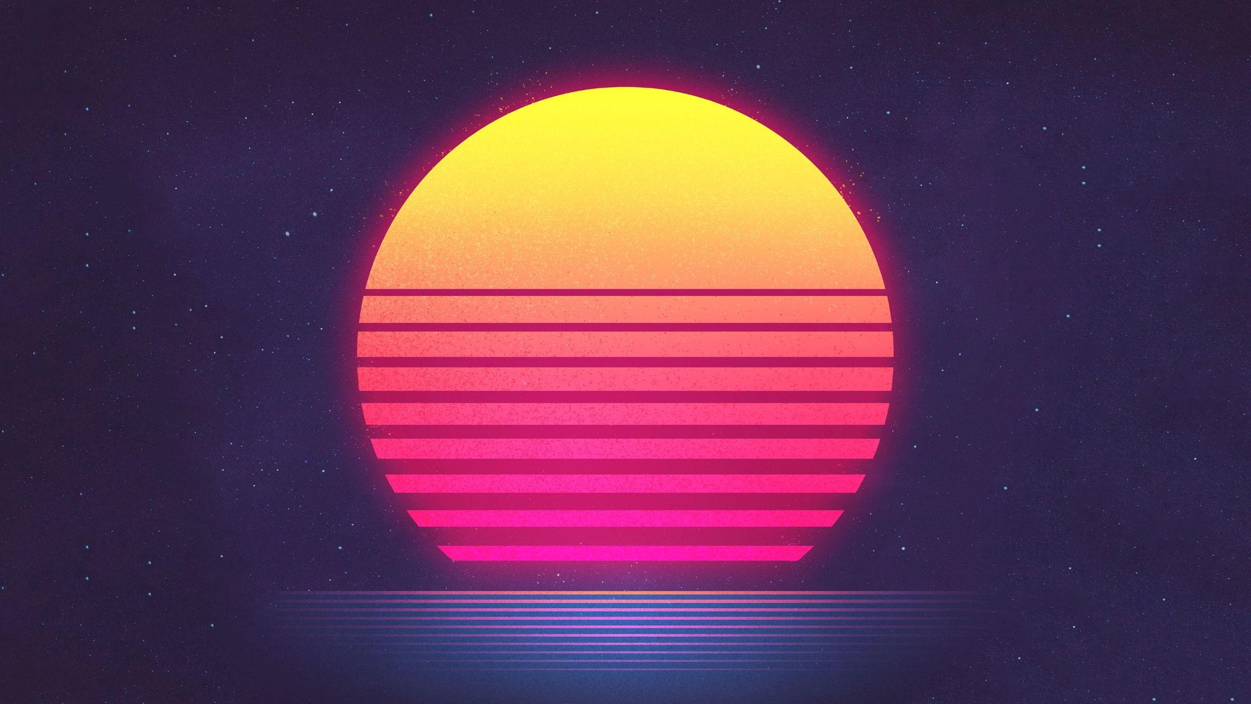 Sunset Synthwave Retrowave Mountain Night Stars Wallpaper 4K 43241