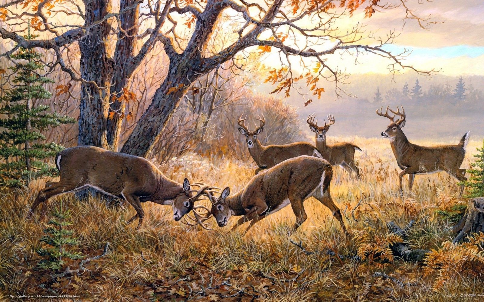 1600x1000 Download wallpaper painting, deer, situation, duel free desktop wallpaper in the resolution 1680x1050