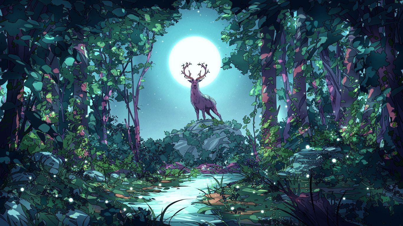 1366x768 Deer at forest moon night art wallpaper background