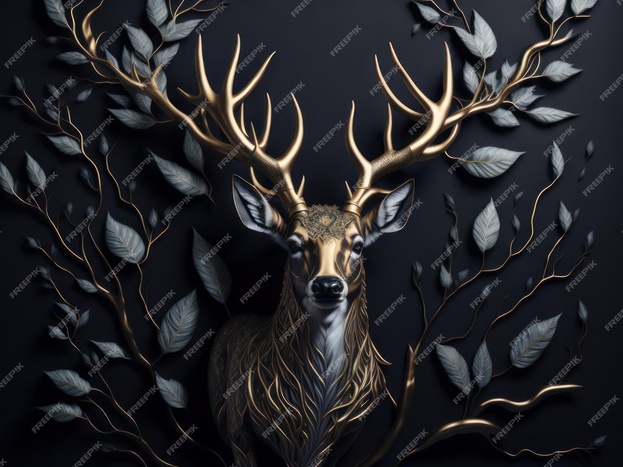 2000x1500 Premium Photo. Modern art mural gold and dark wallpaper with deer ai generated