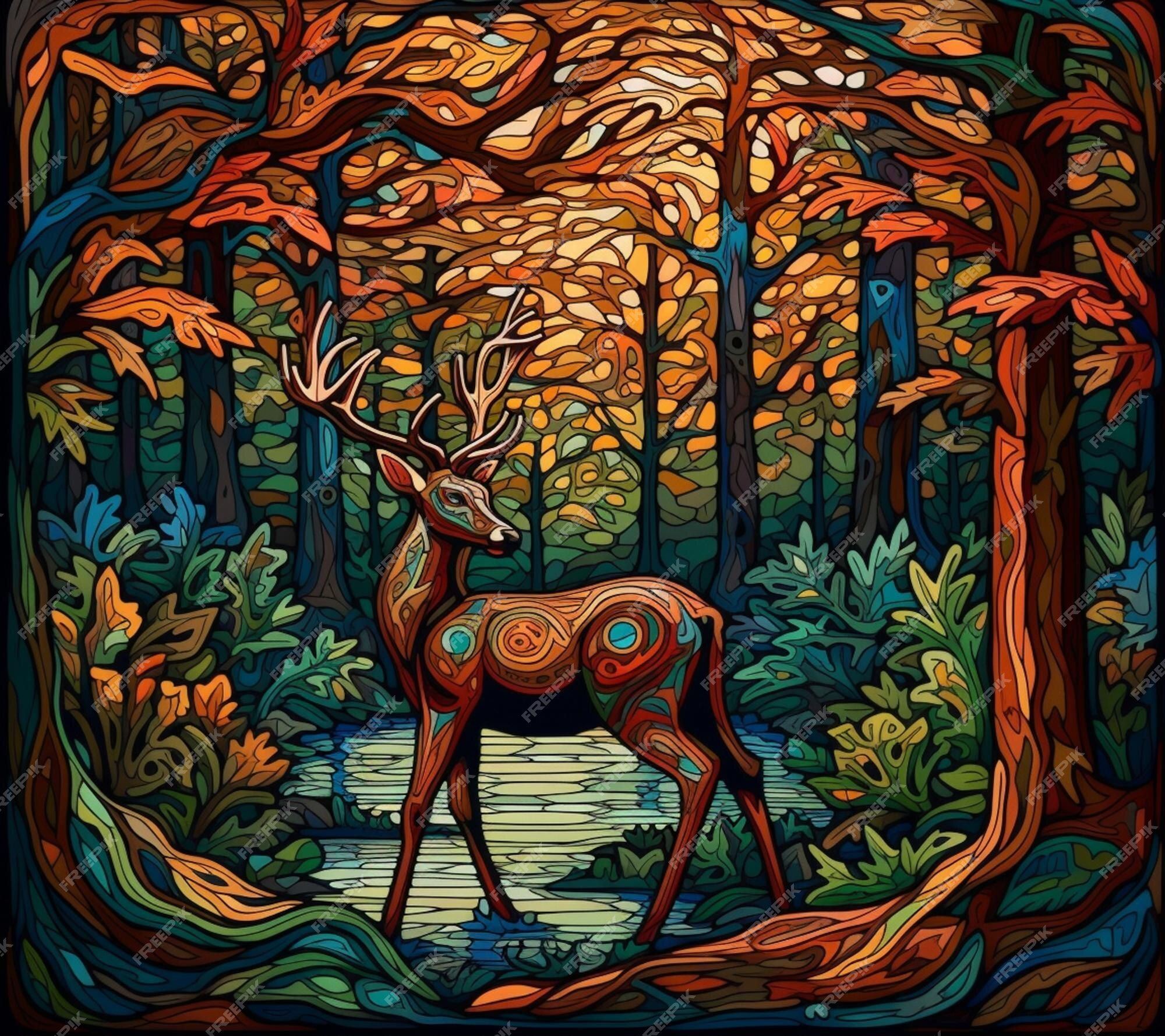 2000x1778 Premium Photo. A colorful illustration of a deer in a forest with a pond in the background
