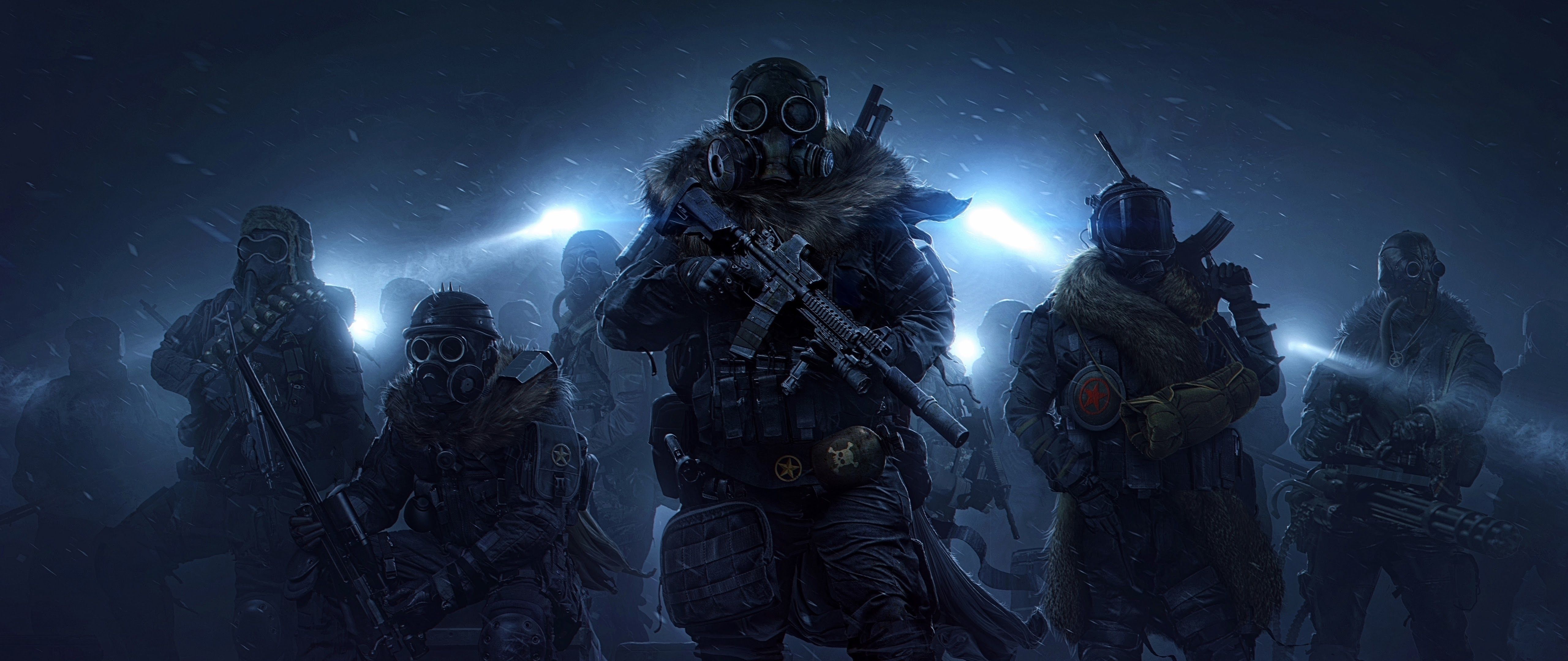 5120x2160 Wasteland 3 Post Apocalyptic Soldiers Gas Mask 8K Wallpaper