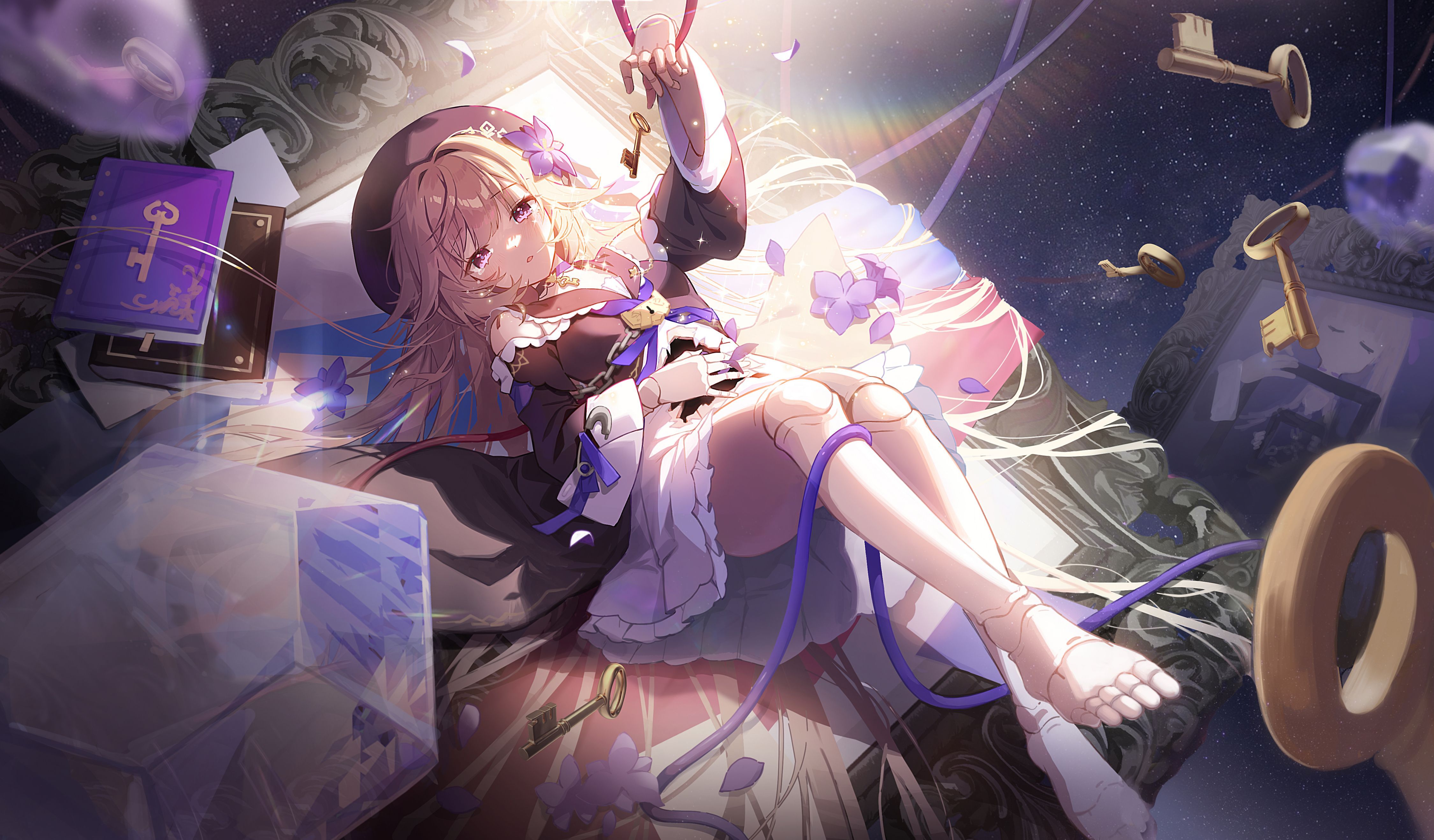 4500x2637 feet, long hair, looking at viewer, lying down, lying on back, anime, anime girls, Herta (Honkai: Star Rail), Honkai: Star Rail, hat, books, petals, keysx2637 Wallpaper