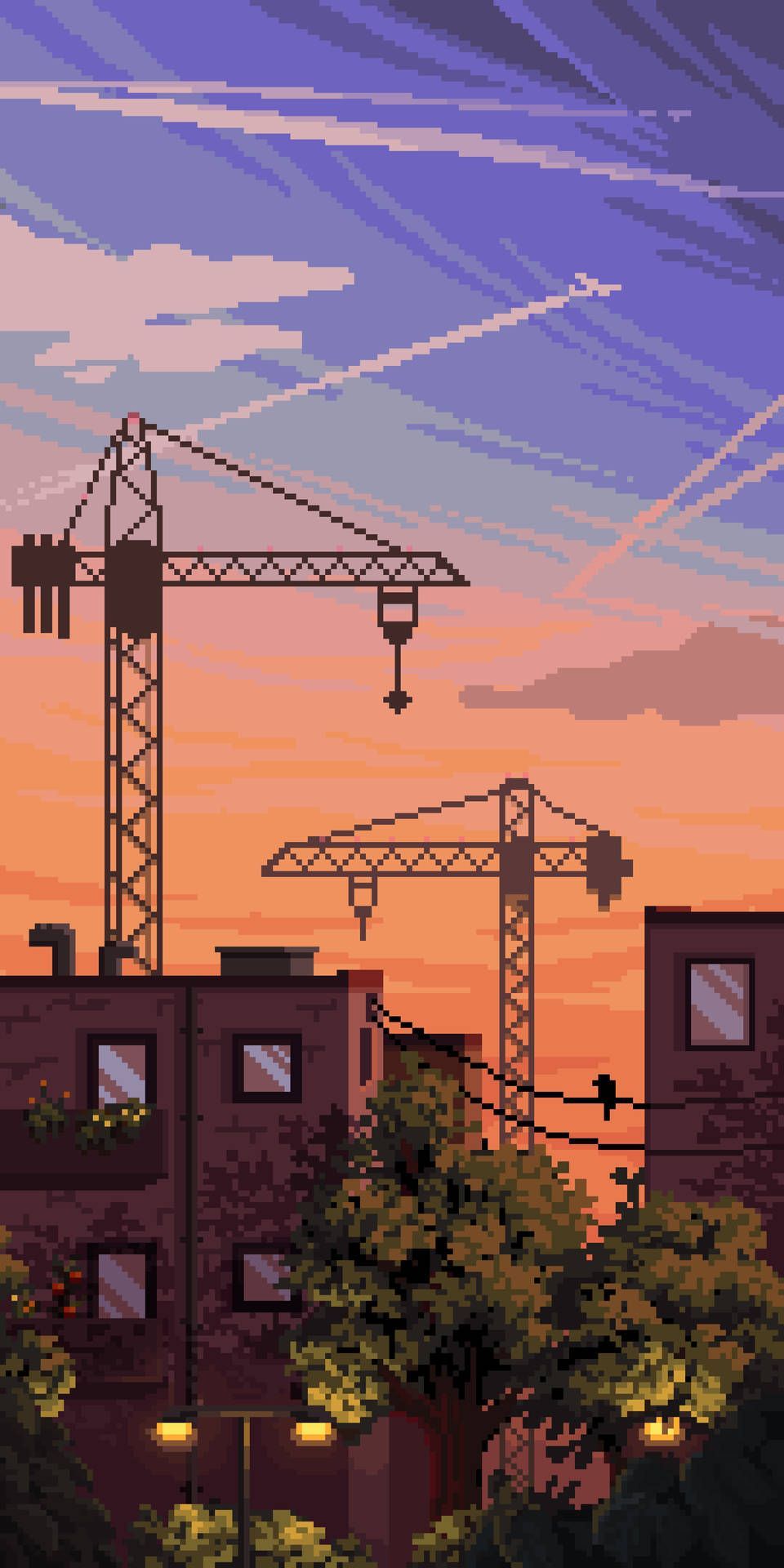 960x1920 Download Buildings And Tower Cranes In Aesthetic Pixel Art Wallpaper