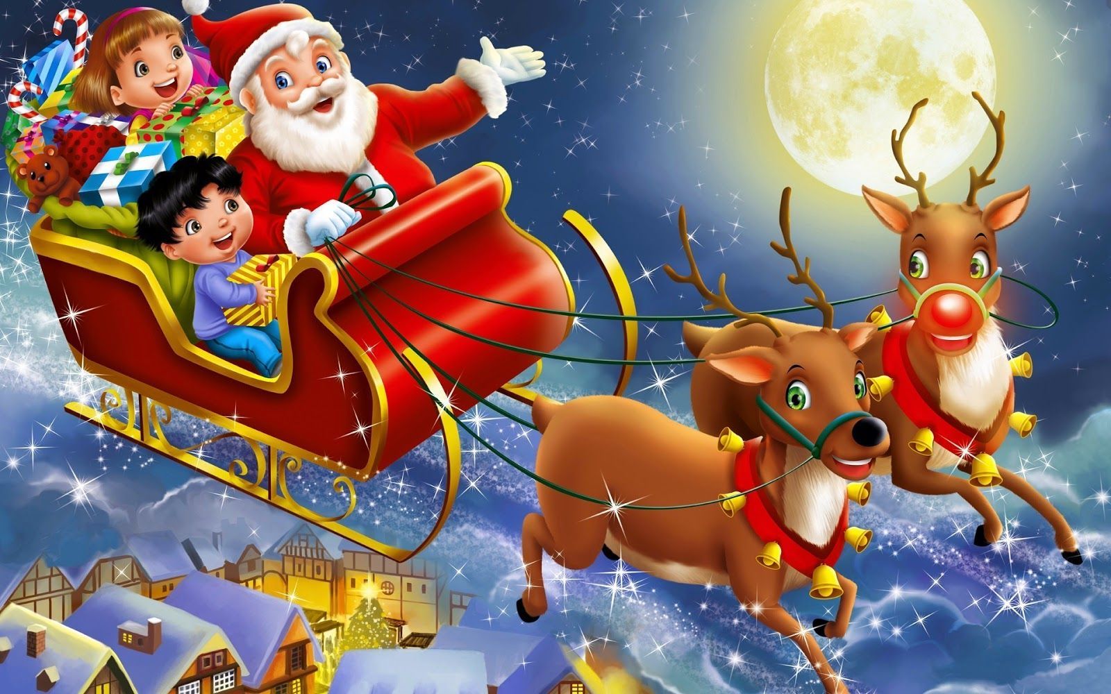 1600x1000 Santa Claus Riding His Sleigh Reindeer With Kids In Sky HD Wallpaper. Griffin Free Public Library, NH