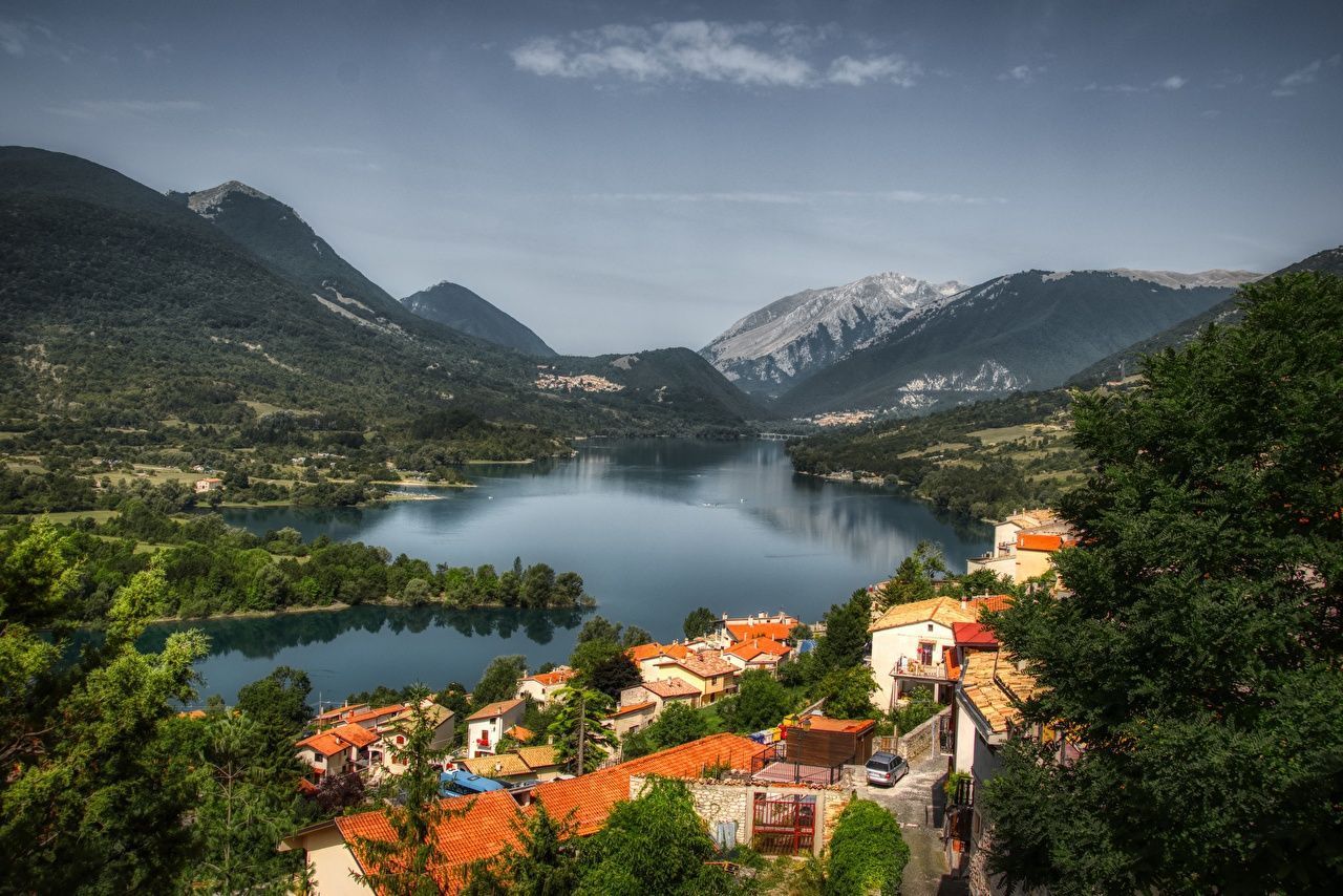 1280x854 Wallpaper Italy Village Barrea, Abruzzo mountain Lake forest Cities