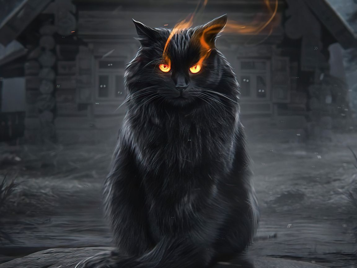 1152x864 Download wallpaper 1152x864 black cat, fire eyes, fantasy, standard 4:3 fullscreen 1152x864 HD background, 26970