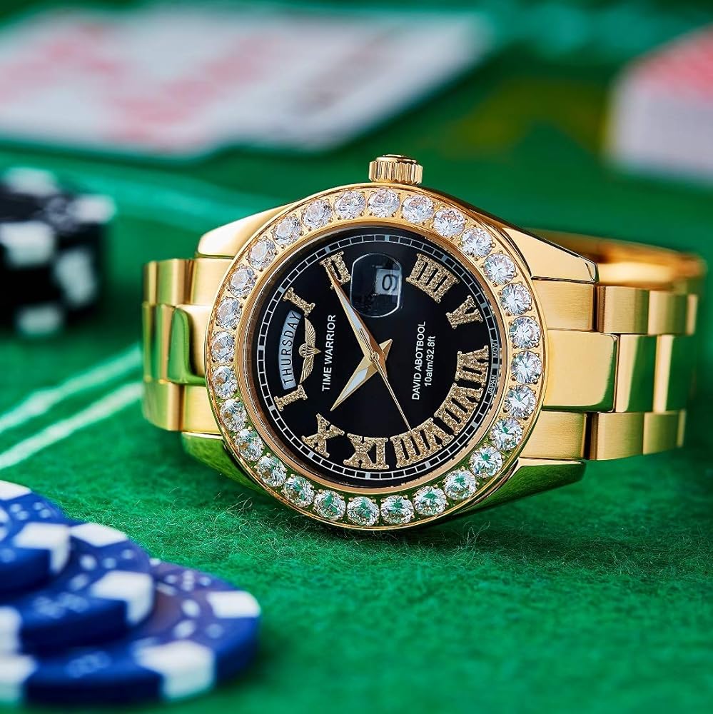 999x1000 TIME WARRIOR Royalty 18K Gold Plated Japan Quartz Movement 316 L Stainless Steel, Men's Big Crystal Diamonds Watches (Black) : David Abotbool: Clothing, Shoes & Jewelry