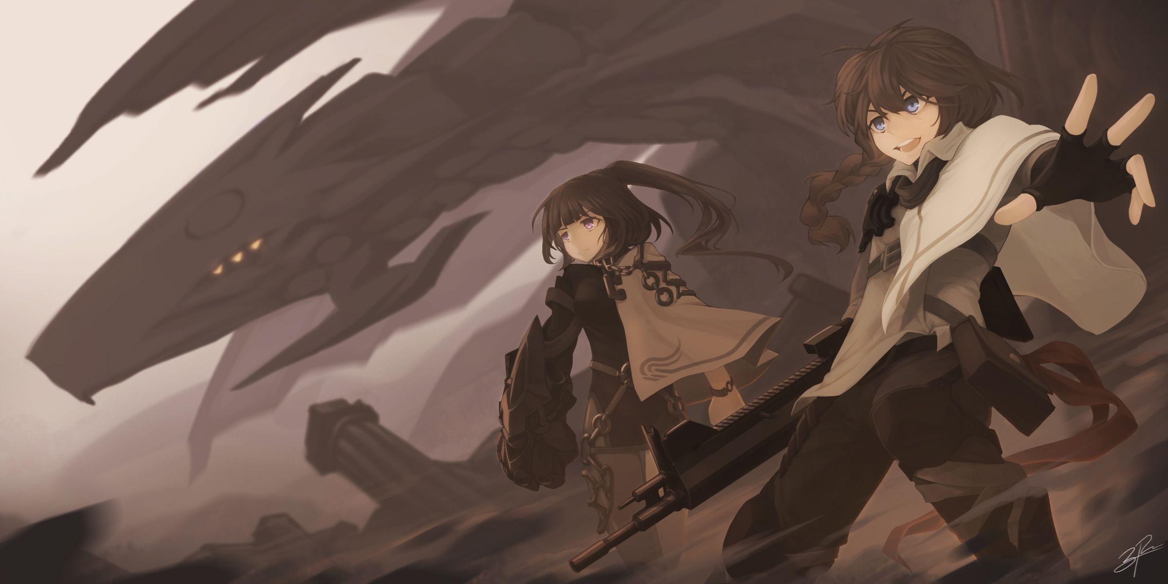 2400x1200 Download 2400x1200 Anime Boy, Girl, Guns, Dragon, Artwork, Cape