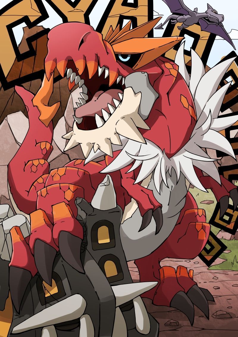 800x1131 aerodactyl, tyrantrum, and bastiodon (pokemon) drawn by hirayama_(hirayamaniwa)