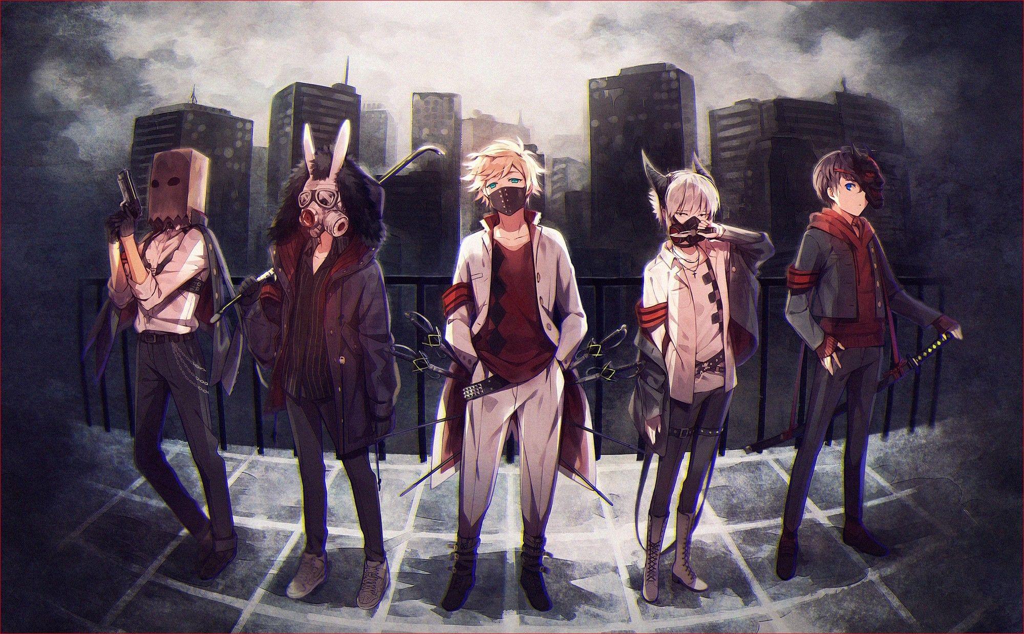 2000x1239 original characters short hair blue eyes mask gas masks