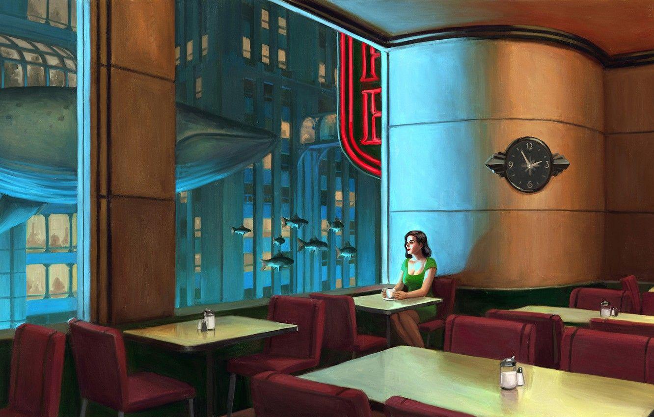 1332x850 Wallpaper girl, the city, house, coffee, fish, art, kit, bioshock
