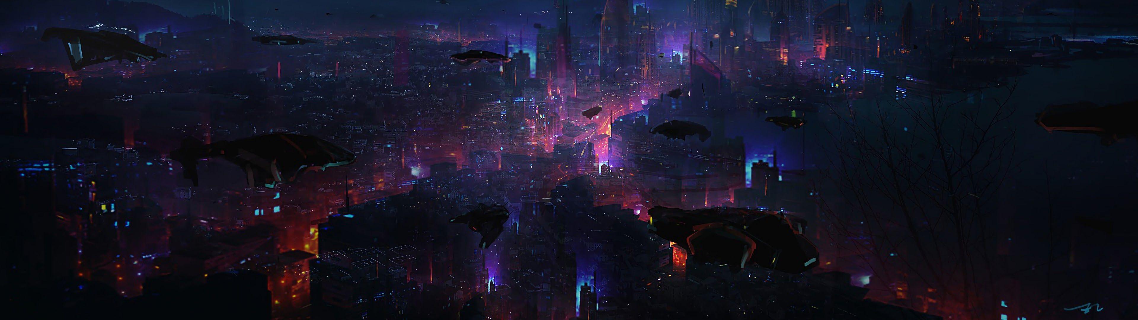 3840x1080 Cyberpunk City Night Scenery Sci Fi 4K Hình nền