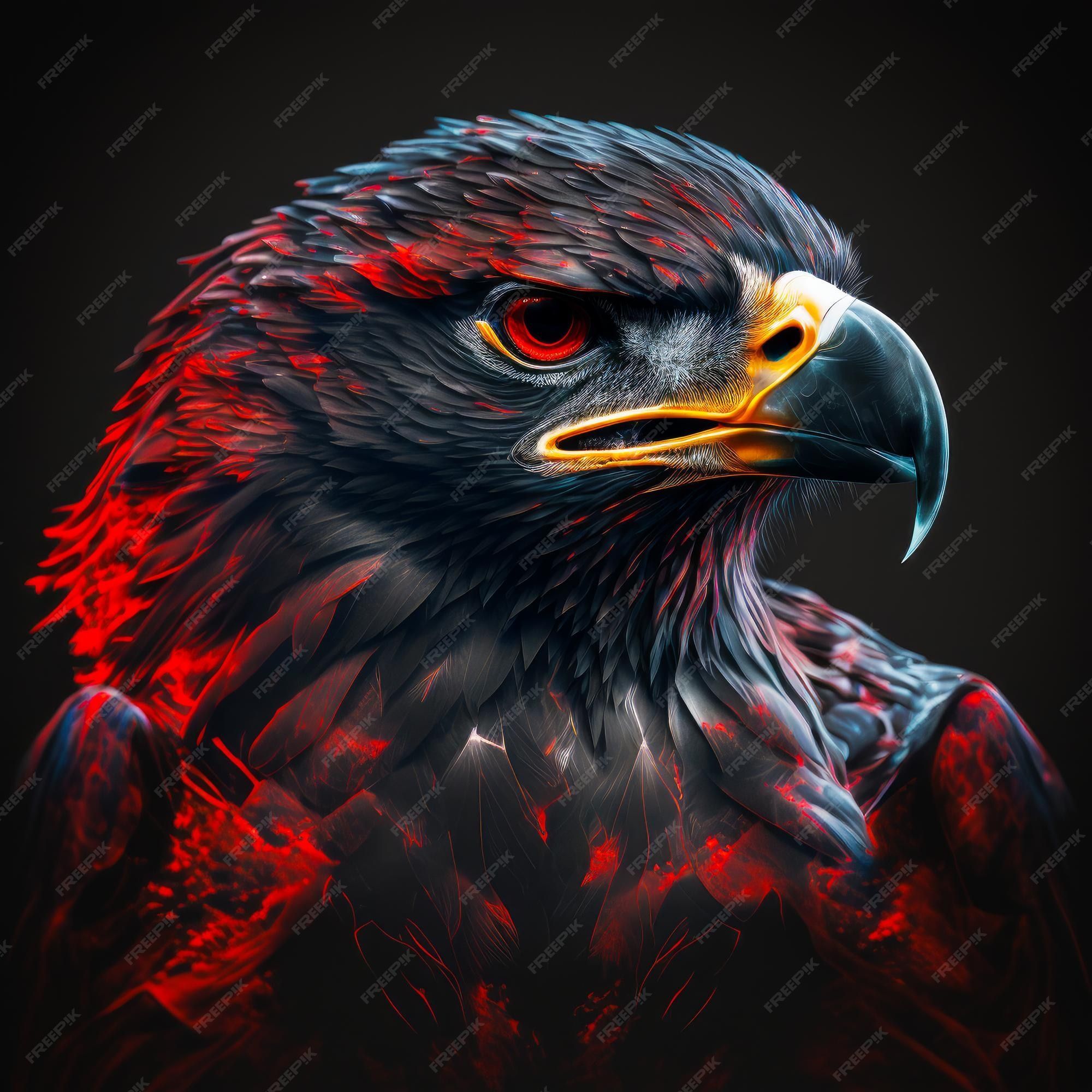 2000x2000 Premium Photo. An eagle with red eyes on black background generative ai