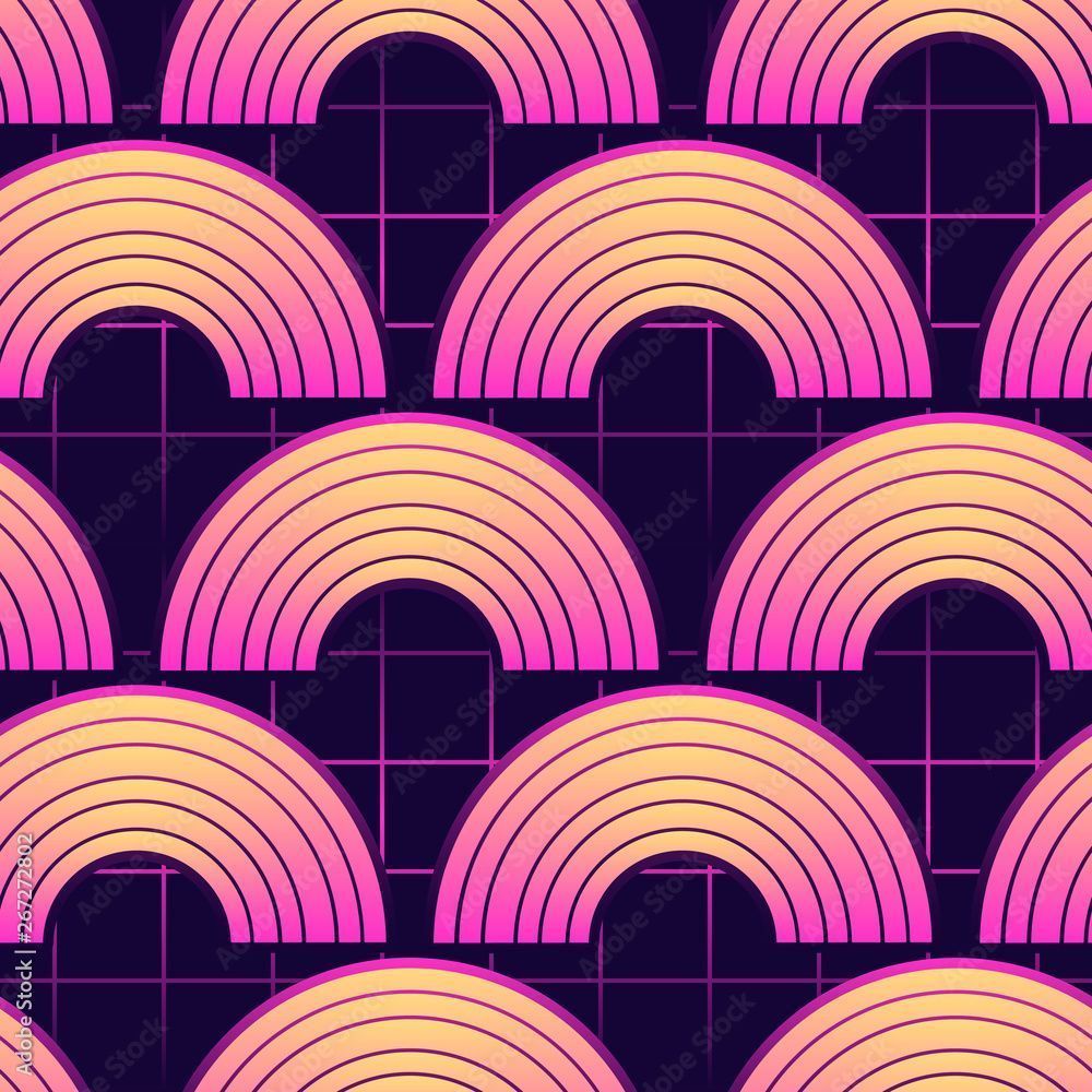 1000x1000 Retrowave style seamless pattern with rainbow symbols. Futuristic digital vector wallpaper. Vaporwave, cyberpunk aesthetics. Dark laser grid background. Stock Vector