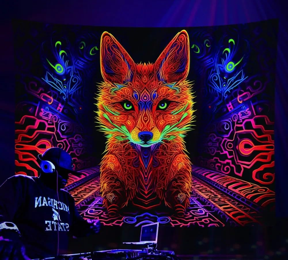 1000x903 Psychedelic Cyber Fox Black Light UV Tapestry Wall Decor Art : Home & Kitchen