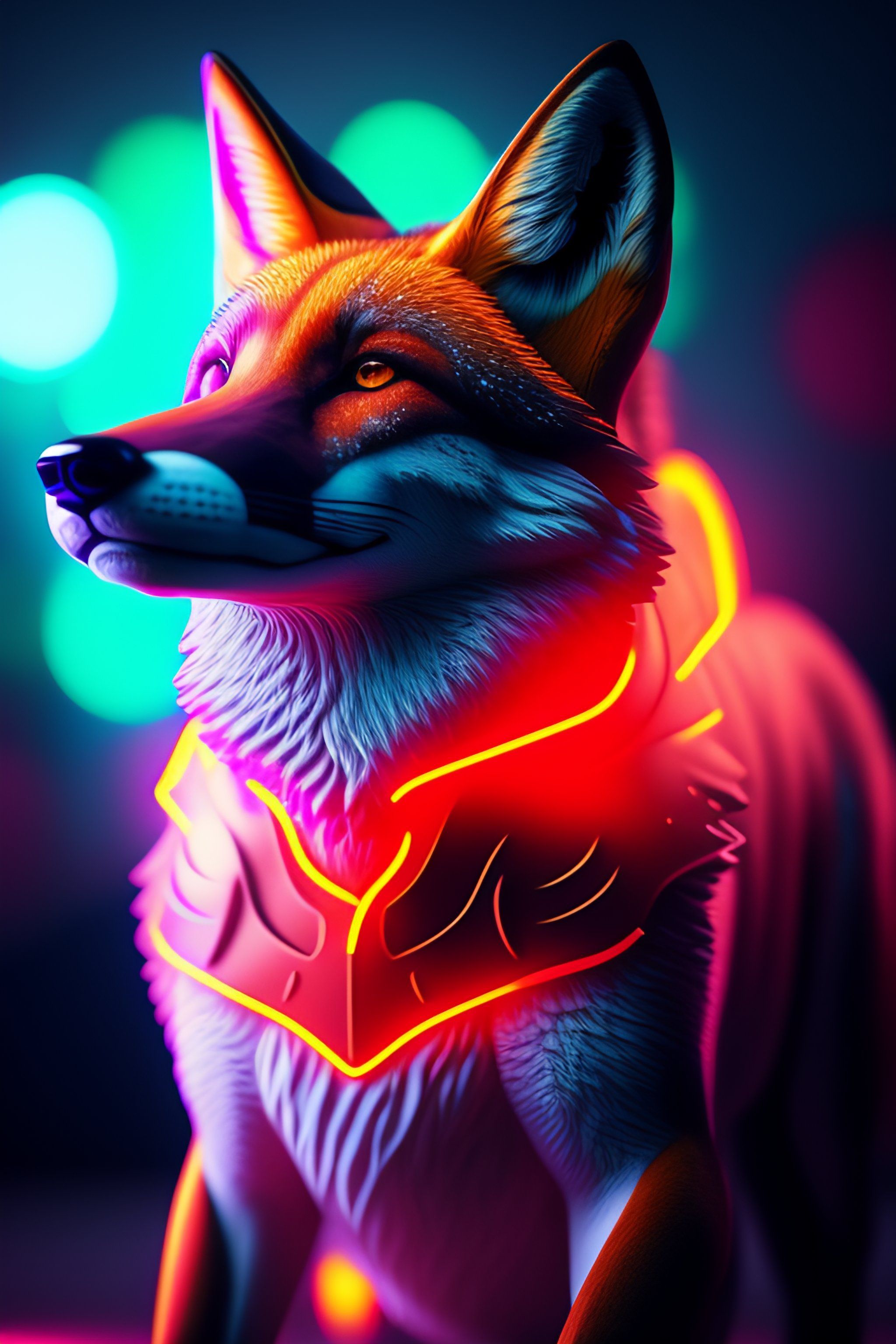 2048x3072 Lexica one who dances with the wolf, fox face, leader suit with neon stripes, colorful light, clear very height details, Octane render