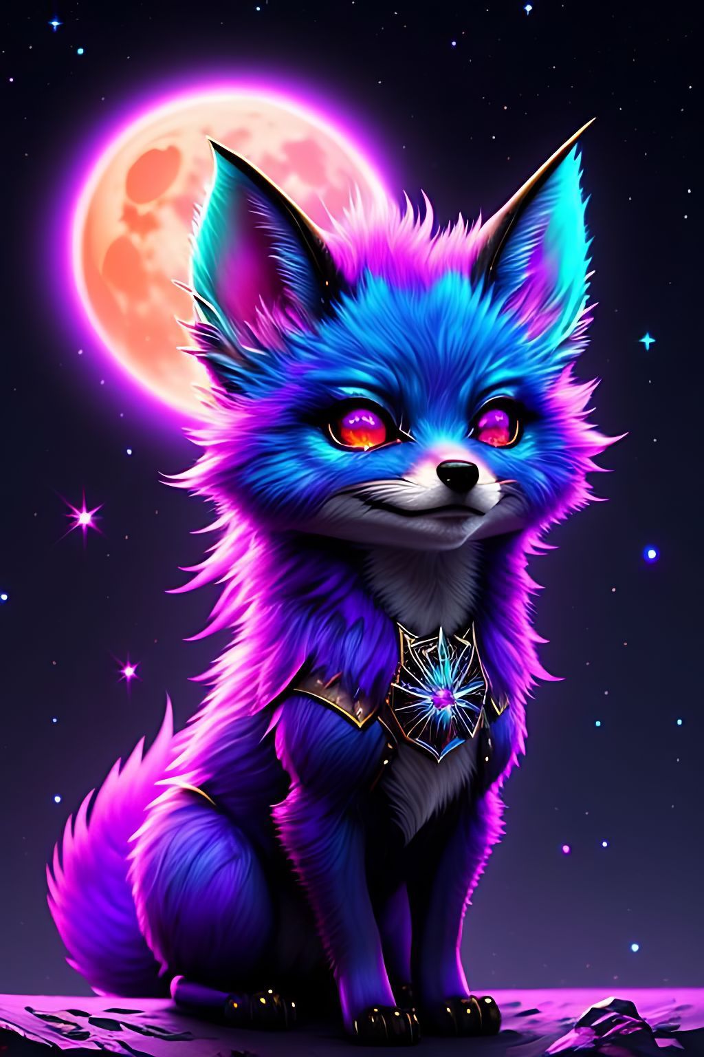 1024x1536 Sana: cute violet neon fire fox gremlin creature, violet neon fire flames fur, glitter, large reflective black eyes, chibi kawaii, starry sky and big full moon