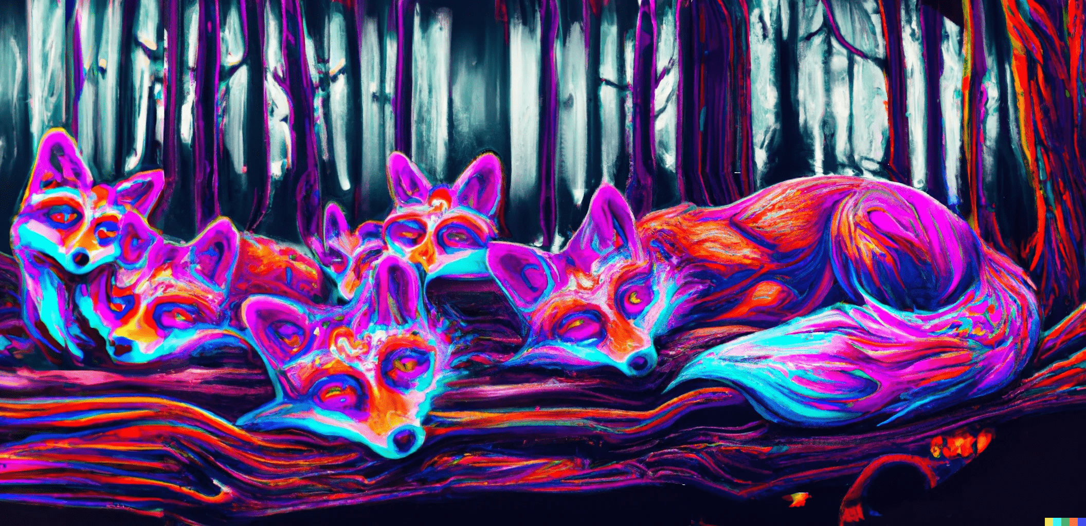 2112x1024 Hypnotic illustration of [forest of sleepy foxes waking up], dark glow neon paint, mystical, intricate, hypnotic psychedelic art, pop surrealism, Dan Mumford