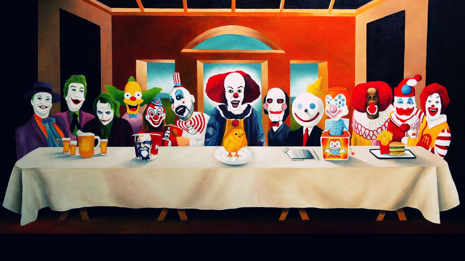 1920x1080 Paintings the joker clown jack ronald mcdonald last supper kfc last supper clowns mascot humor sadic wallpaperx1080