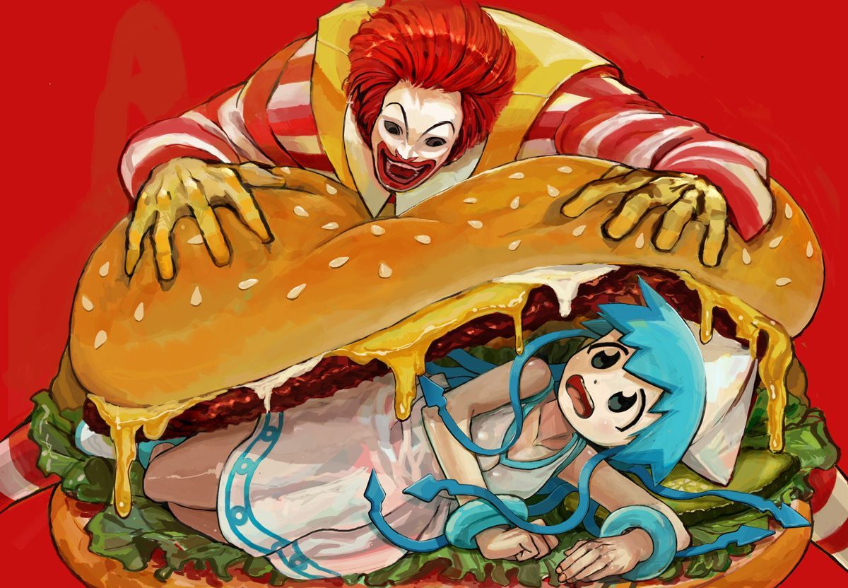 1200x832 ikamusume and ronald mcdonald (shinryaku! ikamusume and 1 more) drawn