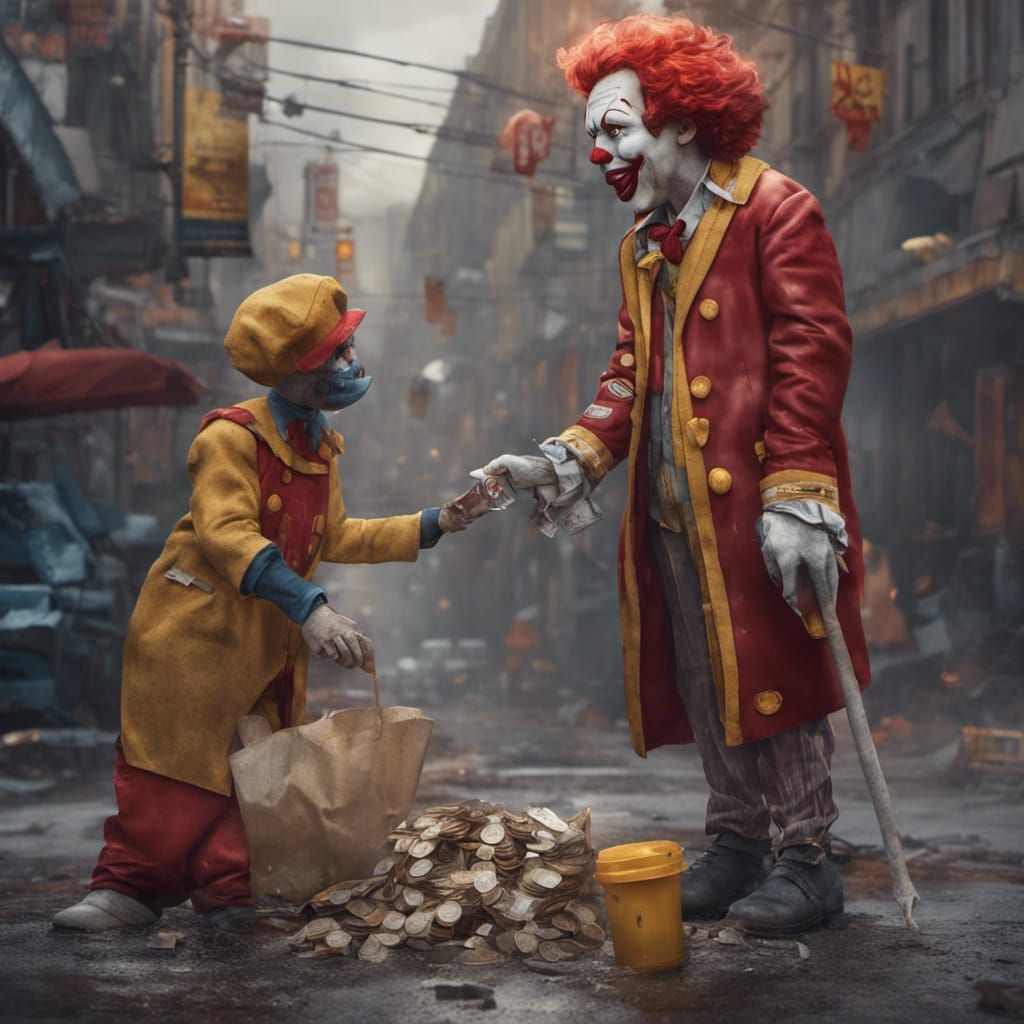 1024x1024 Ronald McDonald giving poor people money in the street Generated Artwork