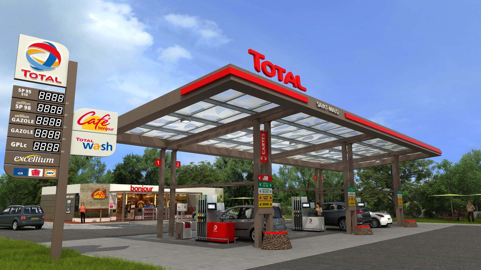 1920x1080 Download A Gas Station With A Sign And A Car