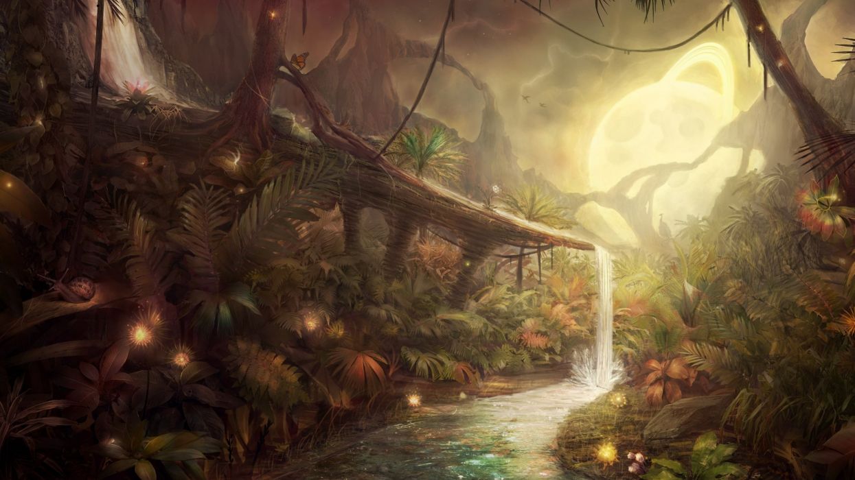 1245x700 Artwork fantasy magical art forest tree landscape nature waterfall wallpaperx1620