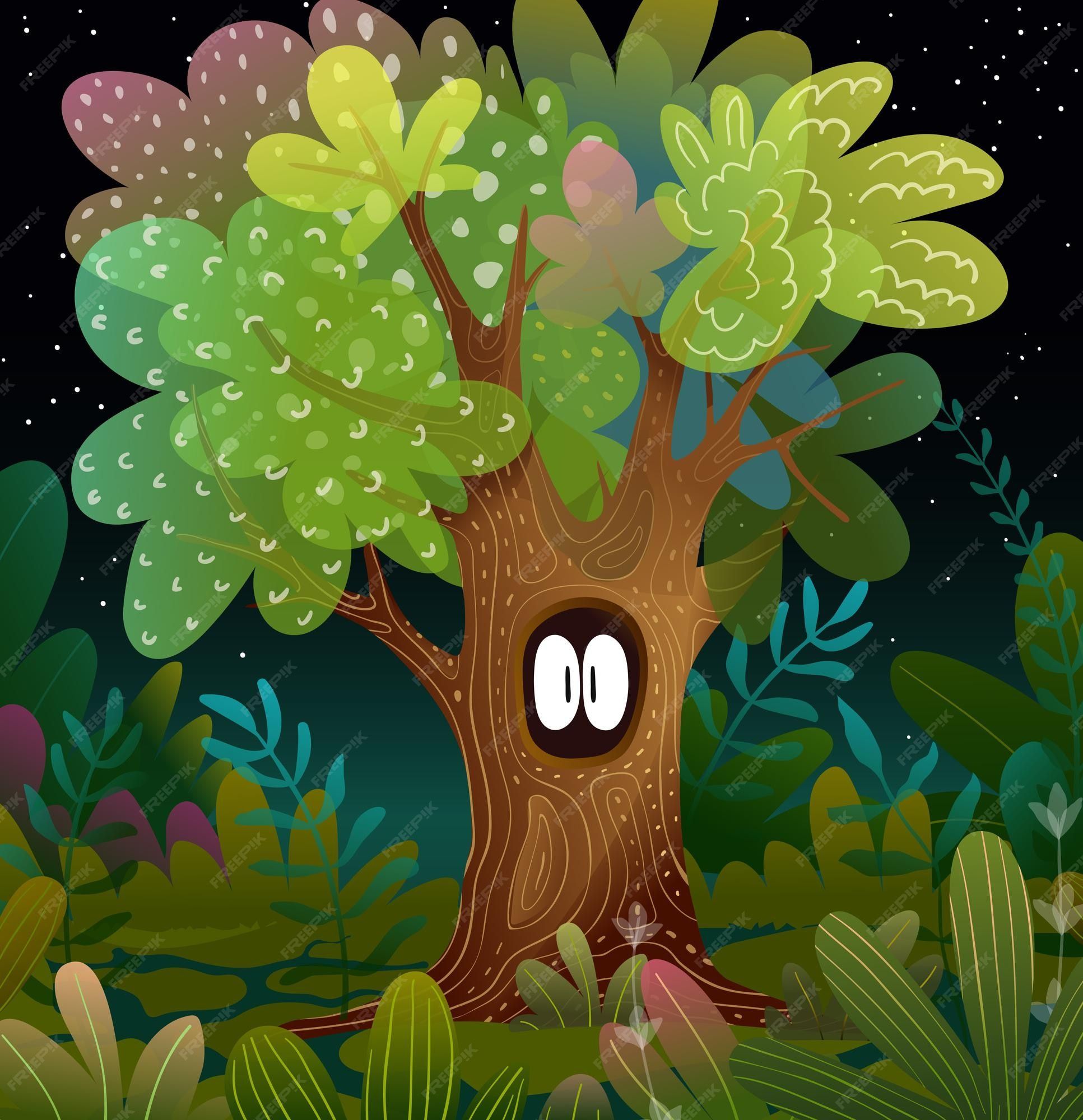 1933x2000 Premium Vector. Spooky hollow tree in enchanted forest at night, fantasy fairytale magic landscape cartoon. kids watercolor style mystery forest illustration. wallpaper background children vector design