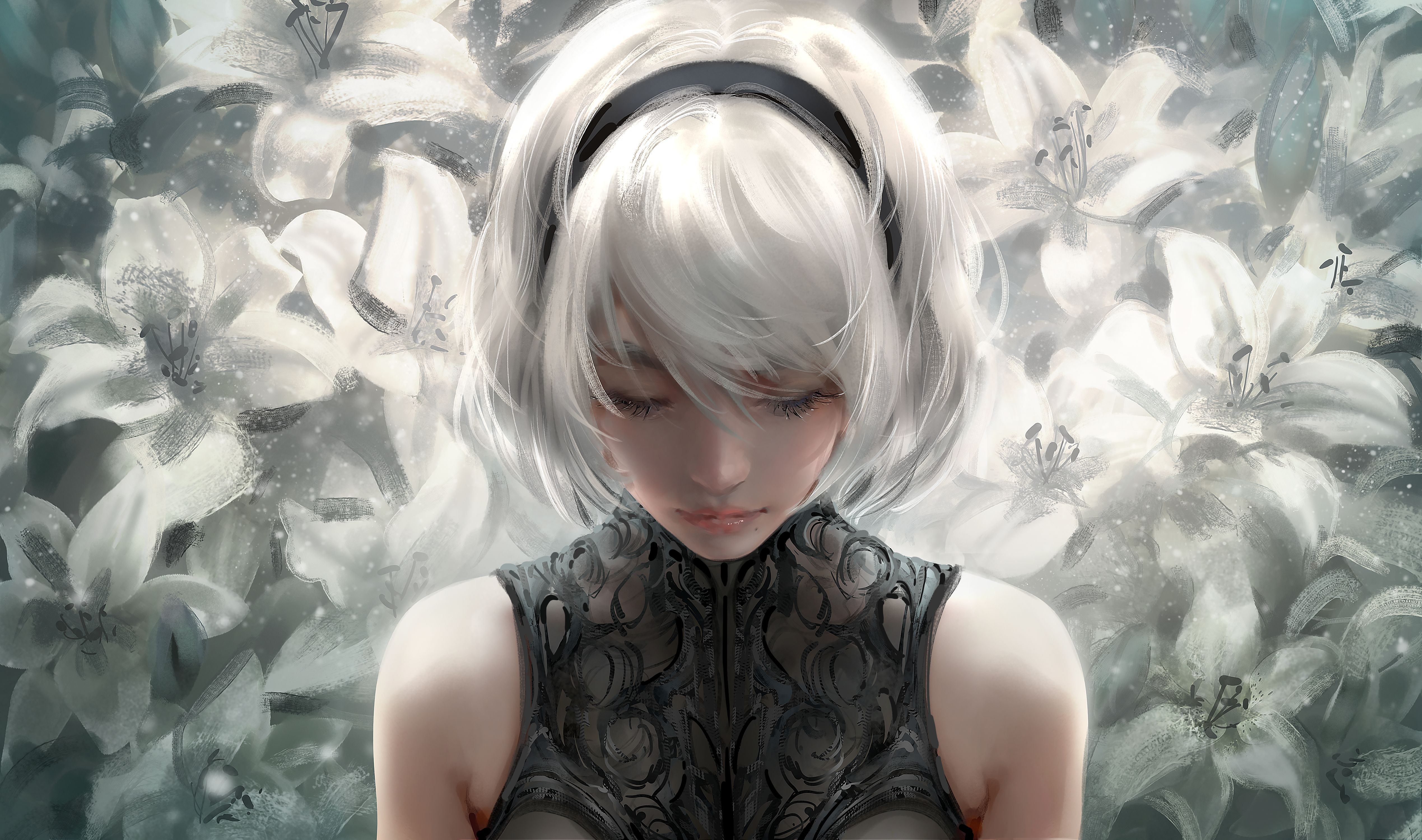 5077x3000 Nixeu, fantasy girl, short hair, white hair, closed eyes, women, illustration, artwork, digital art, fan art, drawing, fantasy art, flowers, Nier: Automatax3000 Wallpaper