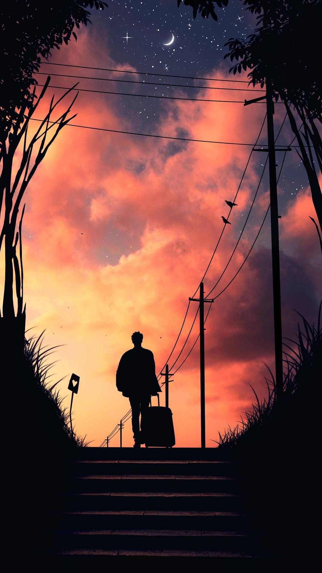 1080x1920 Download Alone Boy Anime Carrying Luggage Wallpaper