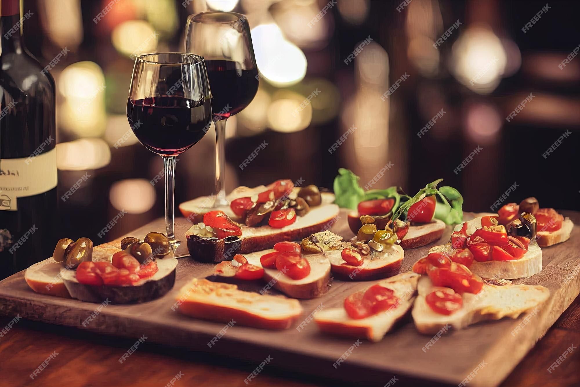 2000x1333 Premium Photo. Italian dinner party with wine and brusquetta and olives