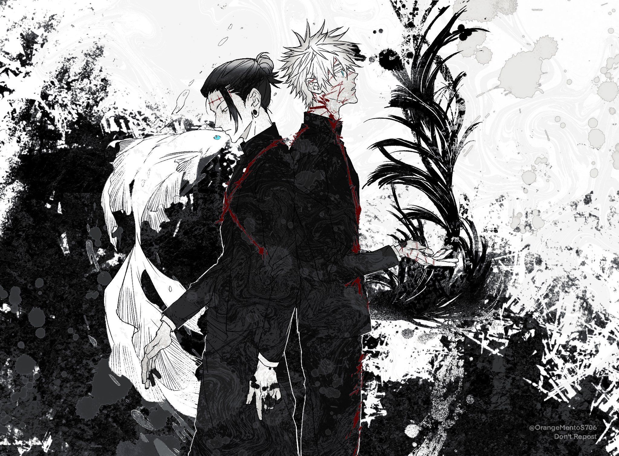 2048x1509 getou suguru, gojou satoru, jujutsu kaisen, highres, 2boys, animal, blood, blood on clothes, blood on face, blue eyes, closed mouth, cuts, ear piercing, fish, getou suguru (kenjaku), greyscale, hair bun, hair pulled